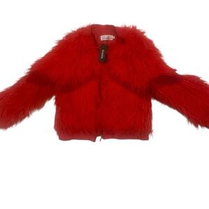 Kate Hewko Red Faux Fur Mongolian Bomber Jacket XS Statement Coat